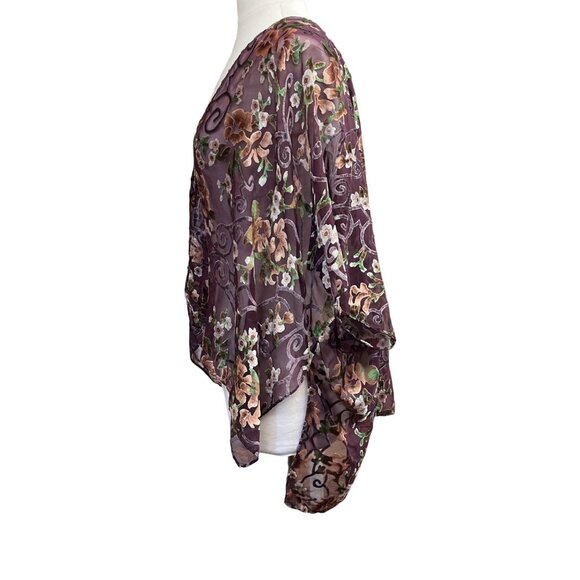 Floral Sheer Burnout Velvet‎ Purple Open Front Kimono Cardigan By Lulla OSFM - Picture 3 of 8